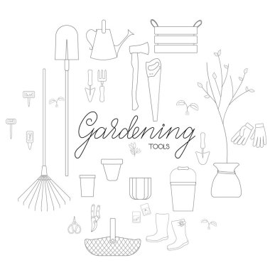 Bahçe araçları afiş basit minimalist düz tasarım vektör illüstrasyon izole beyaz arkaplan