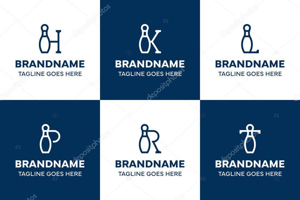 Letter H K L P R T Pin Bowling Logo Set, symbolizing focus, energy, and competition