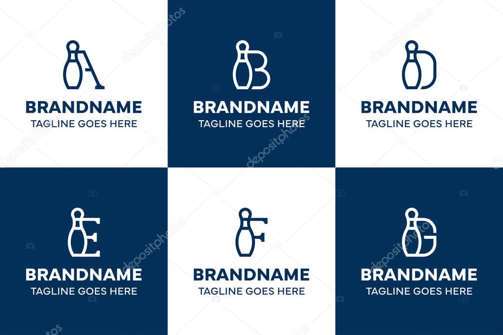 Letter A B D E F G Pin Bowling Logo Set, symbolizing focus, energy, and competition