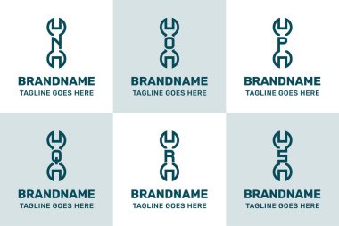 Harf N O P Q R S Wrench Modern Logo Set, hassasiyeti, tamiri ve modern işçiliği simgeliyor
