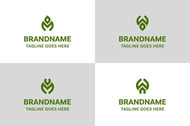 Harfler MO WU WU Yaprak Logosu Set, büyümeyi, doğayı ve organik uyumu sembolize eder.