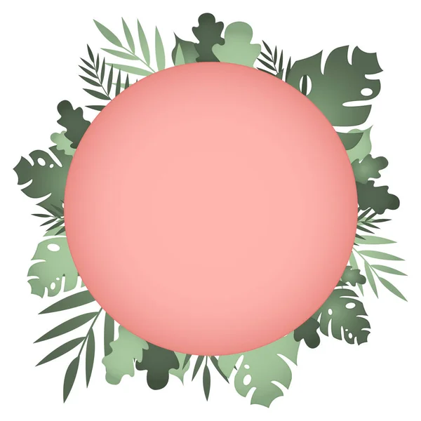 Moldura de folhas tropicais na moda. Design de vetor de verão. Borda da selva floral do círculo rosa. — Vetor de Stock