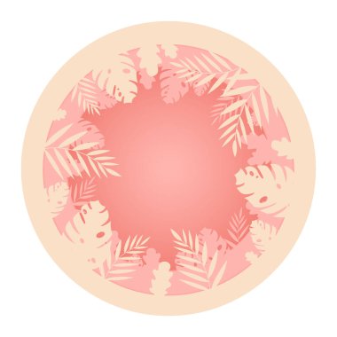 Tropikal yapraklı pembe yuvarlak çerçeve. Kağıt kesiği stili. Moda yaz vektörü illüstrasyonu. 