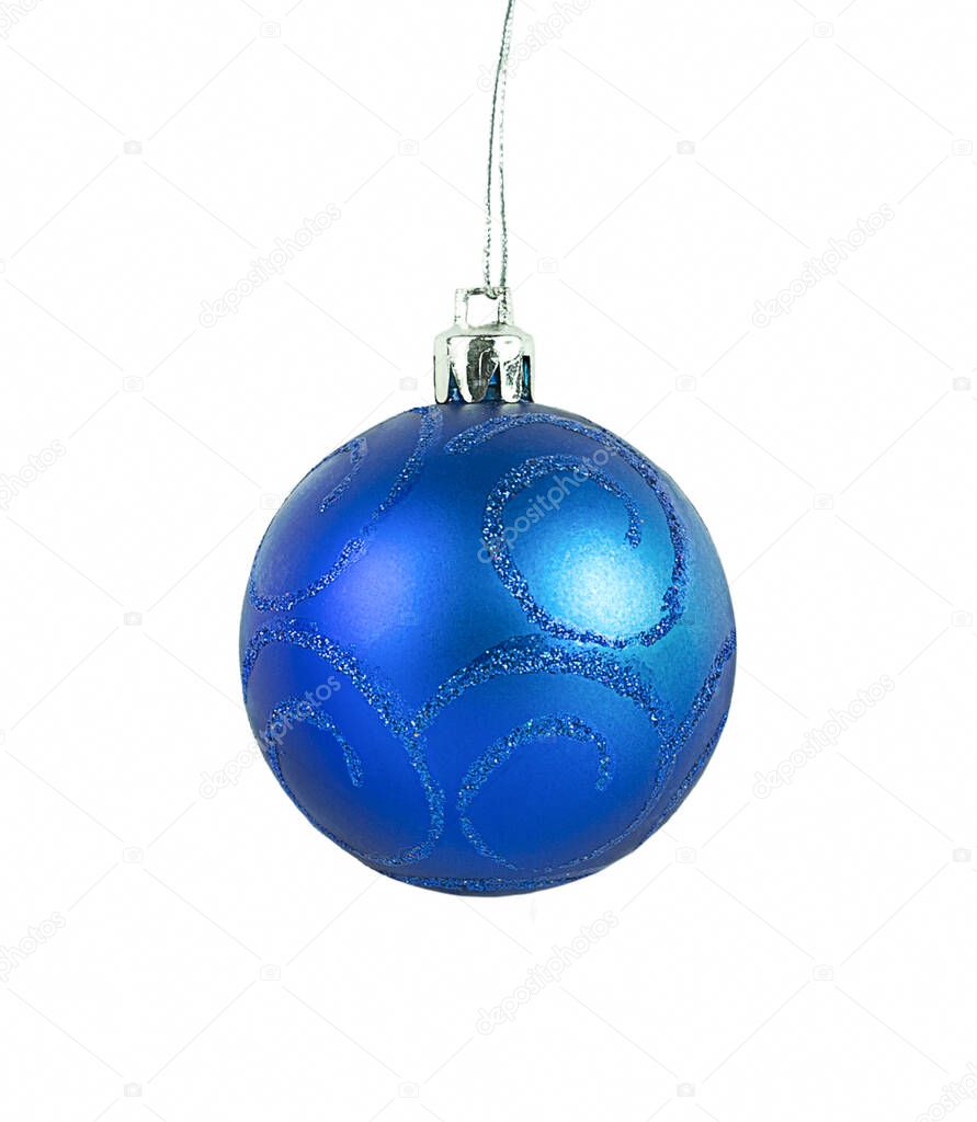 Hanging blue Christmas ball isolated on white
