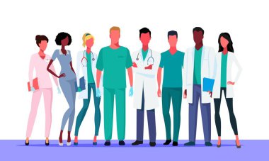 Hastane personeli, doktorlar ve hemşireler. Sağlık görevlilerinin vektör illüstrasyonu.