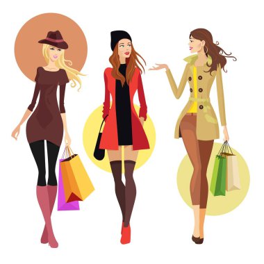 Alışveriş torbalarıyla yürüyen hoş bayanlar. Kış modası illüstrasyonu.