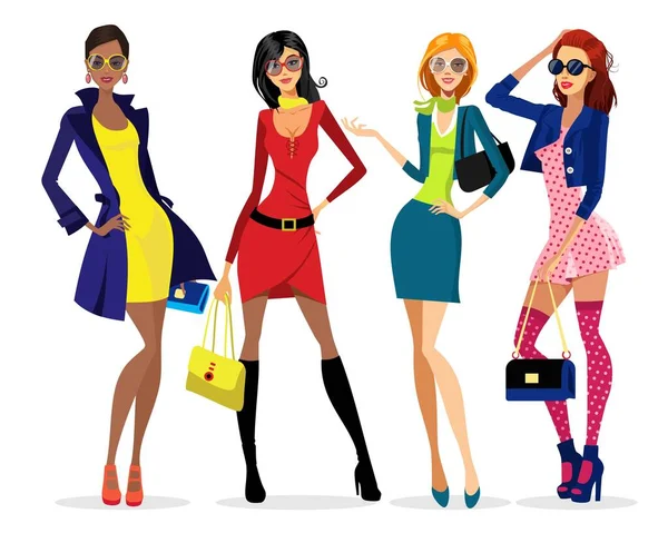 Modelos Femininos Atraentes Moda Inverno Senhoras Roupas Moda Ilustração Vetorial — Vetor de Stock