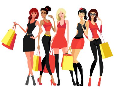 Alışveriş torbalarıyla çekici kadınlar. Kampanya kadınları alışveriş yapıyor..