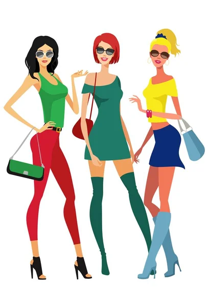 Atrakcyjne Kobiety Kolorowych Ubraniach Nowoczesnych Strojach Okularach Przeciwsłonecznych Modelki Akcesoria — Wektor stockowy