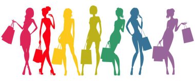 Alışveriş torbalarıyla renkli kadın modeller..