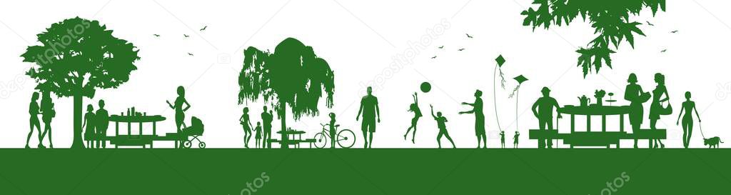 People silhouettes and picnic in nature. People are having a good time in the beautiful nature.