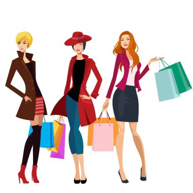 Sonbahar-kış oluşumu. Güzel bayanlar ve alışveriş torbaları ellerinde..