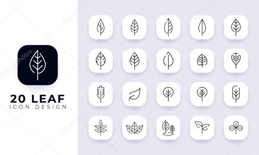 Line art incomplete leaf icon pack. In this pack incorporate with twenty different leaf icon.