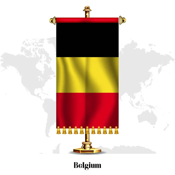 Belgique Drapeau National Réaliste Avec Stand Carte Voeux Conception Affiche — Image vectorielle