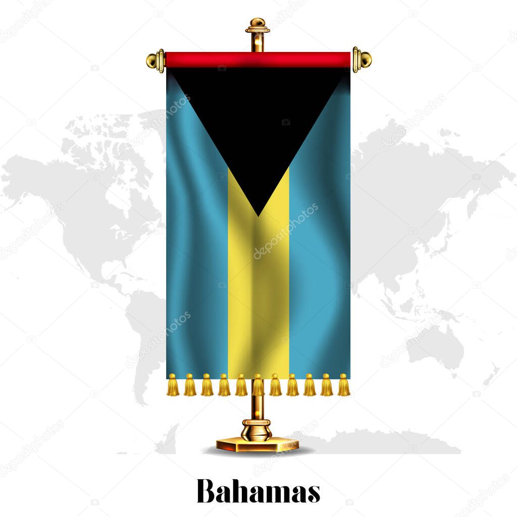 Bahamas National realistic flag with Stand. Greeting card National Independence Day poster design of the Azerbaijan.