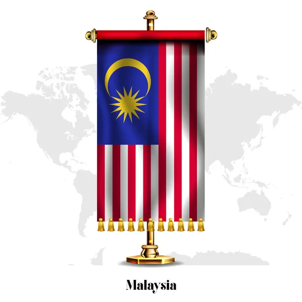 Malaysia Bandiera Nazionale Realistica Con Stand Biglietto Auguri Giornata Nazionale — Vettoriale Stock
