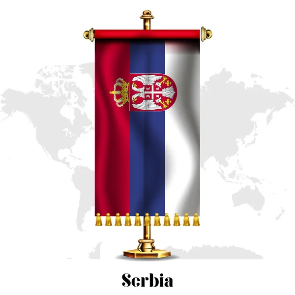 Serbia Bandera Nacional Realista Con Stand Tarjeta Felicitación Día Nacional — Vector de stock