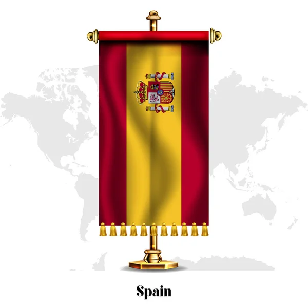 Spanje Nationale Realistische Vlag Met Stand Wenskaart Nationale Onafhankelijkheidsdag Poster — Stockvector