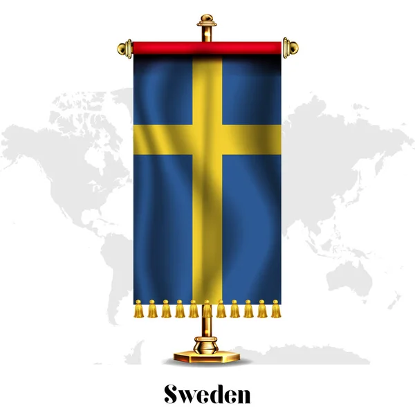 Suécia Bandeira Nacional Realista Com Stand Cartão Saudação Projeto Cartaz —  Vetores de Stock