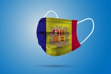 Ulusal Andorra Bayrağı ile Gerçekçi Koruyucu Tıbbi Maske. Sağlık hizmeti ve bayraklı tıbbi konsept. Vektör illüstrasyonu.