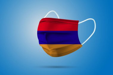 Ulusal Ermenistan Bayrağıyla Gerçekçi Koruyucu Tıbbi Maske. Sağlık hizmeti ve bayraklı tıbbi konsept. Vektör illüstrasyonu.