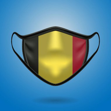Belçika Ulusal Bayrağı ile Gerçekçi Koruyucu Tıbbi Maske. Sağlık hizmeti ve bayraklı tıbbi konsept. Vektör illüstrasyonu.