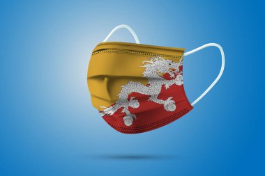 Bhutan Ulusal Bayrağı ile Gerçekçi Koruyucu Tıbbi Maske. Sağlık hizmeti ve bayraklı tıbbi konsept. Vektör illüstrasyonu.