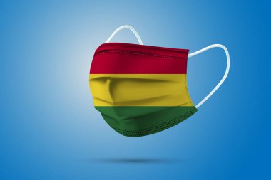 Ulusal Bolivya Bayrağı taşıyan gerçekçi Koruyucu Tıbbi Maske. Sağlık hizmeti ve bayraklı tıbbi konsept. Vektör illüstrasyonu.