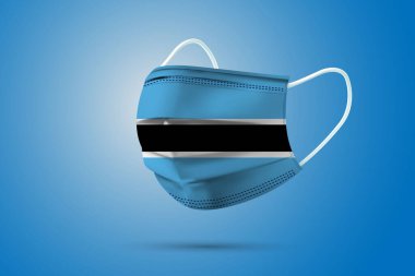 Botswana Ulusal Bayrağı ile Gerçekçi Koruyucu Tıbbi Maske. Sağlık hizmeti ve bayraklı tıbbi konsept. Vektör illüstrasyonu.