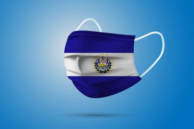 El Salvador Ulusal Bayrağı ile Gerçekçi Koruyucu Tıbbi Maske. Sağlık hizmeti ve bayraklı tıbbi konsept. Vektör illüstrasyonu.