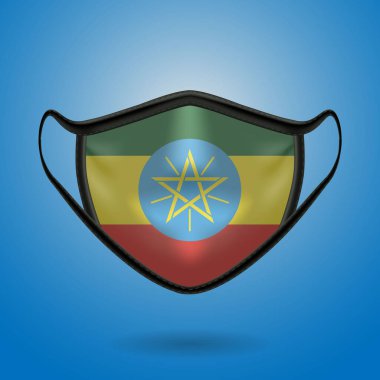Etiyopya Ulusal Bayrağı ile Gerçekçi Koruyucu Tıbbi Maske. Sağlık hizmeti ve bayraklı tıbbi konsept. Vektör illüstrasyonu.