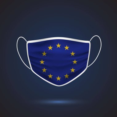 Avrupa Birliği Ulusal Bayrağı ile Gerçekçi Koruyucu Tıbbi Maske. Sağlık hizmeti ve bayraklı tıbbi konsept. Vektör illüstrasyonu.