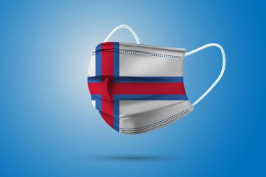 Faroe Adası Ulusal Bayrağı ile Gerçekçi Koruyucu Tıbbi Maske. Sağlık hizmeti ve bayraklı tıbbi konsept. Vektör illüstrasyonu.