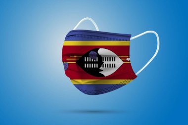 Svaziland Maskeli Ulusal Bayrak ile Gerçekçi Koruyucu Tıbbi Maske. Sağlık hizmeti ve bayraklı tıbbi konsept. Vektör illüstrasyonu.