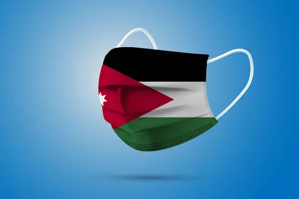 ヨルダン国旗を掲げた現実的な防護医療マスク ヘルスケアと医療の概念フラグと ベクターイラスト — ストックベクタ