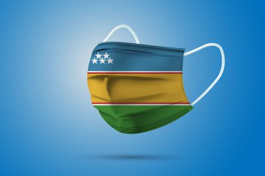Karakalpakistan Ulusal Bayrağı ile Gerçekçi Koruyucu Tıbbi Maske. Sağlık hizmeti ve bayraklı tıbbi konsept. Vektör illüstrasyonu.