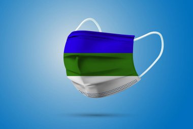 Ulusal Komi Bayrağıyla Gerçekçi Koruyucu Tıbbi Maske. Sağlık hizmeti ve bayraklı tıbbi konsept. Vektör illüstrasyonu.