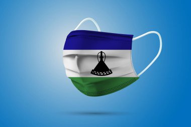 Ulusal Lesotho Bayrağıyla Gerçekçi Koruyucu Tıbbi Maske. Sağlık hizmeti ve bayraklı tıbbi konsept. Vektör illüstrasyonu.
