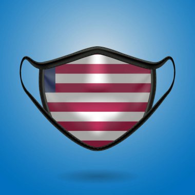 Liberya Ulusal Bayrağı ile Gerçekçi Koruyucu Tıbbi Maske. Sağlık hizmeti ve bayraklı tıbbi konsept. Vektör illüstrasyonu.