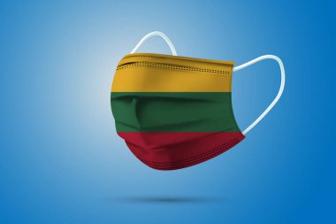 Litvanya Ulusal Bayrağı ile Gerçekçi Koruyucu Tıbbi Maske. Sağlık hizmeti ve bayraklı tıbbi konsept. Vektör illüstrasyonu.
