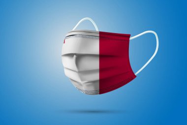 Ulusal Malta Bayrağı ile Gerçekçi Koruyucu Tıbbi Maske. Sağlık hizmeti ve bayraklı tıbbi konsept. Vektör illüstrasyonu.