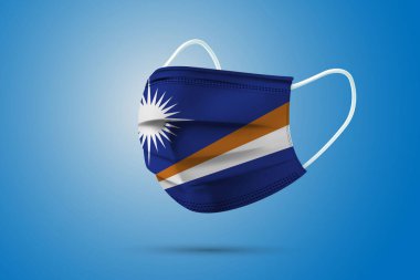 Marshall Adaları Ulusal Bayrağı ile Gerçekçi Koruyucu Tıbbi Maske. Sağlık hizmeti ve bayraklı tıbbi konsept. Vektör illüstrasyonu.