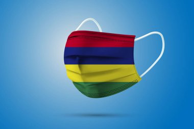 Mauritius 'un Ulusal Bayrağı ile Gerçekçi Koruyucu Tıbbi Maske. Sağlık hizmeti ve bayraklı tıbbi konsept. Vektör illüstrasyonu.