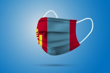 Moğolistan Ulusal Bayrağı ile Gerçekçi Koruyucu Tıbbi Maske. Sağlık hizmeti ve bayraklı tıbbi konsept. Vektör illüstrasyonu.