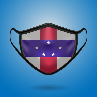 Hollanda Ulusal Bayrağı ile Gerçekçi Koruyucu Tıbbi Maske. Sağlık hizmeti ve bayraklı tıbbi konsept. Vektör illüstrasyonu.