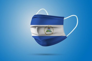 Nikaragua Ulusal Bayrağı ile Gerçekçi Koruyucu Tıbbi Maske. Sağlık hizmeti ve bayraklı tıbbi konsept. Vektör illüstrasyonu.