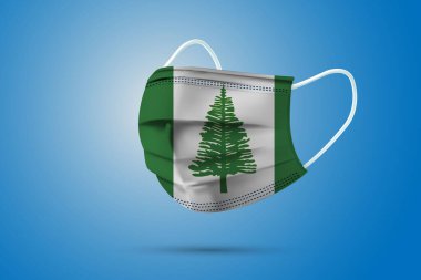 Norfolk Adasının Ulusal Bayrağı ile Gerçekçi Koruyucu Tıbbi Maske. Sağlık hizmeti ve bayraklı tıbbi konsept. Vektör illüstrasyonu.