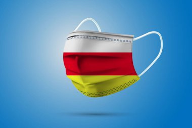 Kuzey Osetya Ulusal Bayrağı ile Gerçekçi Koruyucu Tıbbi Maske. Sağlık hizmeti ve bayraklı tıbbi konsept. Vektör illüstrasyonu.