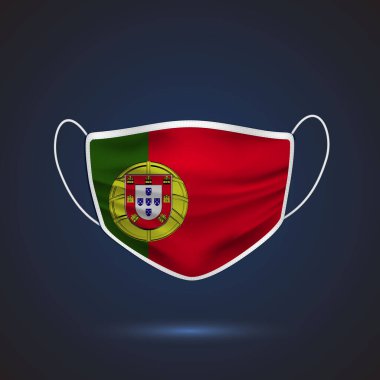 Portekiz Ulusal Bayrağı ile Gerçekçi Koruyucu Tıbbi Maske. Sağlık hizmeti ve bayraklı tıbbi konsept. Vektör illüstrasyonu.