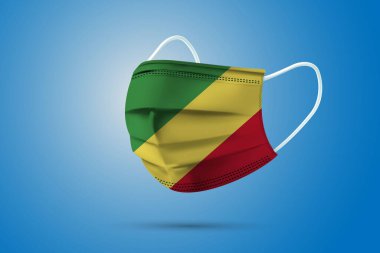 Kongo Cumhuriyeti Ulusal Bayrağı ile Gerçekçi Koruyucu Tıbbi Maske. Sağlık hizmeti ve bayraklı tıbbi konsept. Vektör illüstrasyonu.